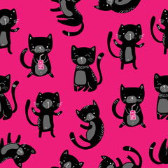 Cute seamless pattern with black Kittens on pink. Cat childish pattern for fabric, textile, wallpaper, cover and other. Vector Illustration