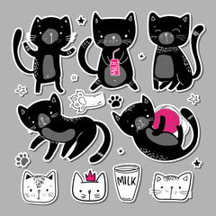 Set of cute flat cats. Set of funny stickers, badges, scrapbooking elements with cute cats
