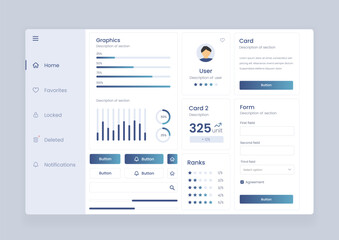 analytics dashboard user interface with diverse data visualization. Analytics dashboard user interface that includes a variety of charts and tables for efficient data management and monitoring.