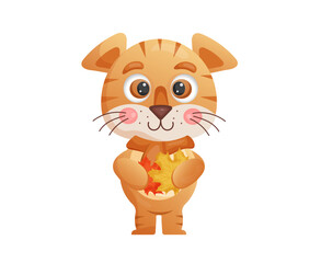 Cartoon cute tiger with autumn leaves. Vector illustration