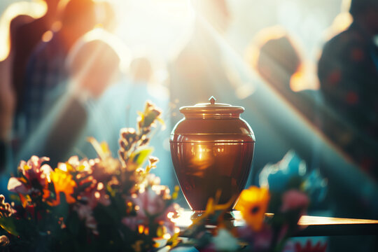 Metal Urn on Funeral, Blurred People Mouring in the Background