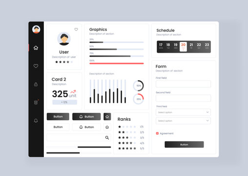analytics dashboard user interface with diverse data visualization. Analytics dashboard user interface that includes a variety of charts and tables for efficient data management and monitoring.