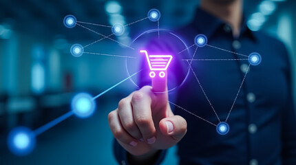 Obraz premium A person is touching a glowing shopping cart icon on a digital interface, illustrating modern online shopping practices in a tech-savvy space
