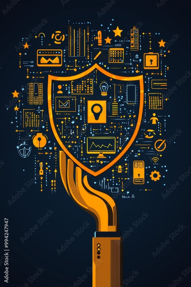 Poster a cyber security concept for protecting data. a lock icon and internet network security technology c