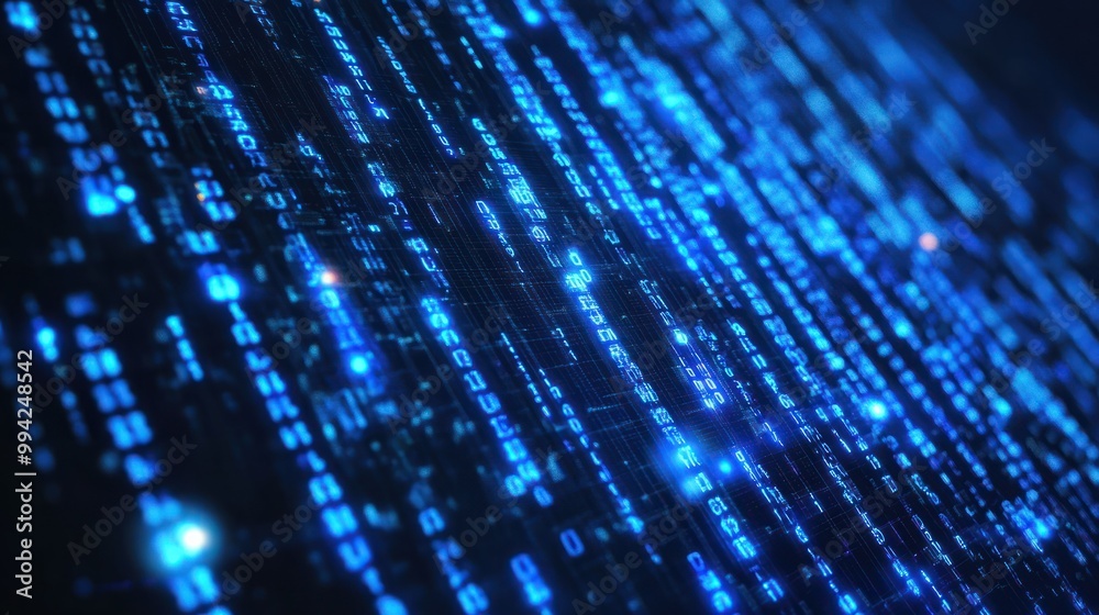 Poster blue digital binary data on computer screen background