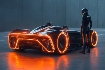 A leather-shod sports car driver stands with a helmet in front of a futuristic hypermodern street...