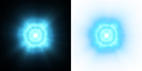 A glowing blue energy pulse with radiating light beams, set against a dark background, paired with a transparent alpha version. Ideal for sci-fi interfaces, digital design, visual effects.