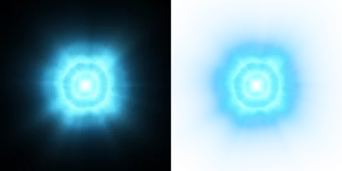 A glowing blue energy pulse with radiating light beams, set against a dark background, paired with a transparent alpha version. Ideal for sci-fi interfaces, digital design, visual effects.