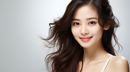 Naklejka premium generated illustration of Asian woman in white top camisole poses against clean white wall.