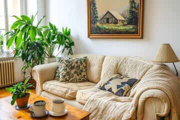 Naklejka premium The interior of a modern Scandinavian apartment, featuring a living room with a beige sofa and a dining room, in 3D.