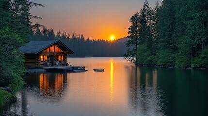 Fototapeta premium peaceful cabin by the lake at sunset with golden sky and water reflection , perfect for a nature getaway , offering calm and serene outdoor scenery in a wilderness and forest environment