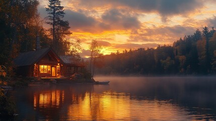 Obraz premium peaceful cabin by the lake at sunset with golden sky and water reflection , perfect for a nature getaway , offering calm and serene outdoor scenery in a wilderness and forest environment