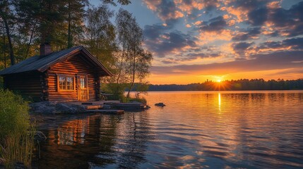Fototapeta premium peaceful cabin by the lake at sunset with golden sky and water reflection , perfect for a nature getaway , offering calm and serene outdoor scenery in a wilderness and forest environment