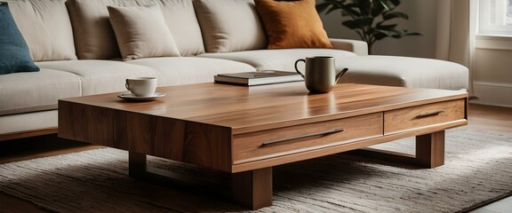 A 3D render of a modern living room with cozy sofa and coffe table. AI generated