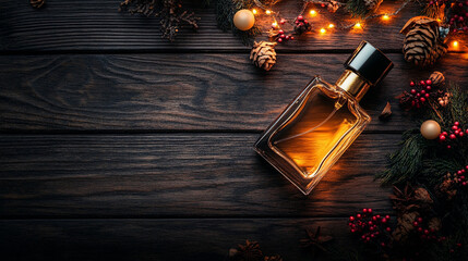 Holiday Composition with Perfume Bottle and Christmas Decoration