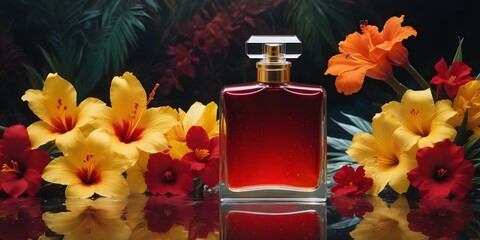 Red perfume bottle and flowers. AI generated