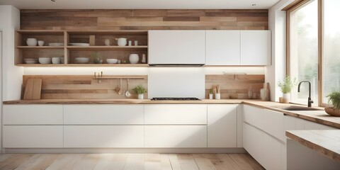 A modern kitchen interior. White and wooden. AI generated
