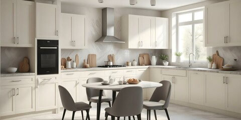 A modern kitchen interior. White, grey and wooden. AI generated