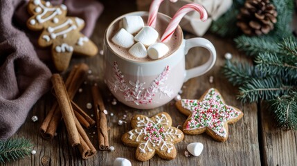Christmas cookies and hot chocolate": A festive spread of gingerbread cookies, decorated with icing and sprinkles, served on a rustic wooden table alongside a steaming cup of hot chocolate topped with