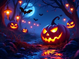 Naklejka premium Glowing Jack-o'-Lanterns in a Foggy Moonlit Forest