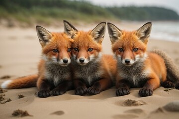 Fototapeta premium wild baby red foxes cuddling at the beach june