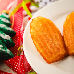 sweet cookie Madeleine, biscuit dessert Christmas delicious Christmas treat Fresh delicious gourmet food background on the table rustic food top view copy space