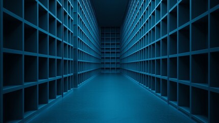 A long, narrow corridor featuring blue shelves and a minimalist design.