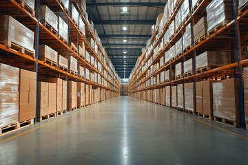 Fototapeta premium Spacious warehouse with tall shelves filled with stacked boxes.