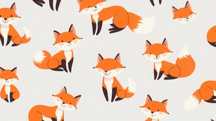 Fototapeta premium A pattern of foxes in various playful poses, with their iconic orange fur standing out against a light grey background