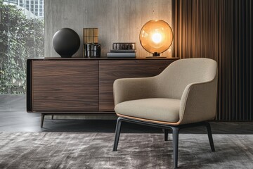 An interior design featuring a concrete wall texture as the background for the lounge and living room, stock image