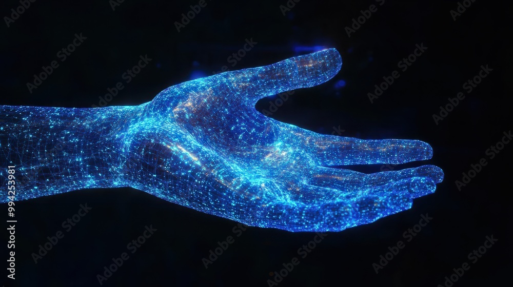 Poster digital hand hologram on dark background with copy space. neural network connection. communication w