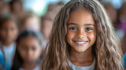 Obraz premium young girl beaming with happiness in front of a group of children at an educational event, representing the essence of inspiration and growth