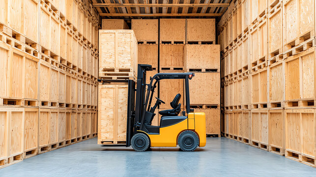 Yellow forklift lifting wooden crates in storage facility.