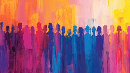 Abstract painting with a vibrant silhouettes of figures stand in the foreground, fading into the bright hues of orange, pink, and blue.