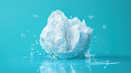 Fototapeta premium Crumpled piece of white paper splashes into clear water against a turquoise background. Droplets scatter in the air, captured in a moment of dynamic motion.
