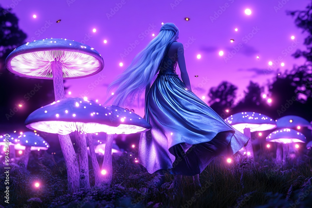 Poster a witch with a flowing silver gown, standing in a field of glowing mushrooms under a purple twilight