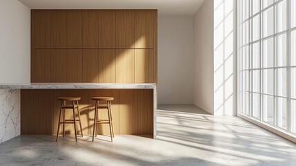 Obraz premium Scandi interior design template with white coastal kitchen and indoor plants