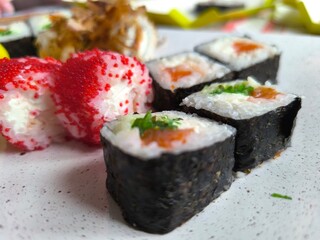 selection of fresh sushi on a white plate.High quality photo