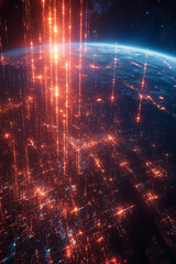 Fototapeta premium A planet with a city on it with a bright orange light