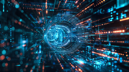 Futuristic abstract representation of a digital tunnel with vibrant blue and orange lights during a technology-inspired concept