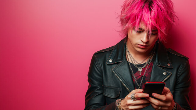 Teen boy with crazy neon purple hair, holding a smartphone on a simple red background. Punk style, Generation alpha, e-boy , youth culture.