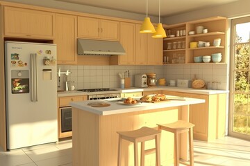 Fototapeta premium This soothing cream color palette gives a contemporary feel to the kitchen design