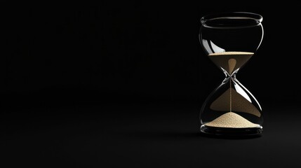 Fototapeta premium Hourglass on a black background, shown in closeup view with copy space.