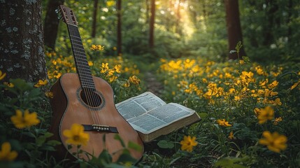 peaceful garden gathering for a christian family worship session emphasizing the importance of guitar music and bible reading in their faith