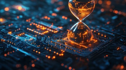 Hourglass with glowing particles on a futuristic circuit board. Concept of time machine, data processing and network technology. Design for wallpaper, tech background, and conceptual art.