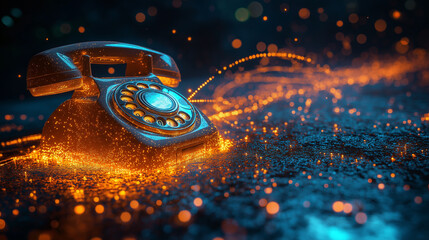 A phone with a red dial is on a table with a lot of sparkles