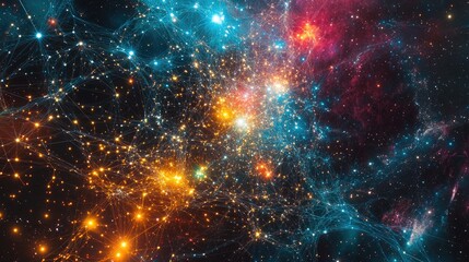Obraz premium A stunning digital network with colorful glowing nodes and intricate connections, set on a cosmic star-filled background
