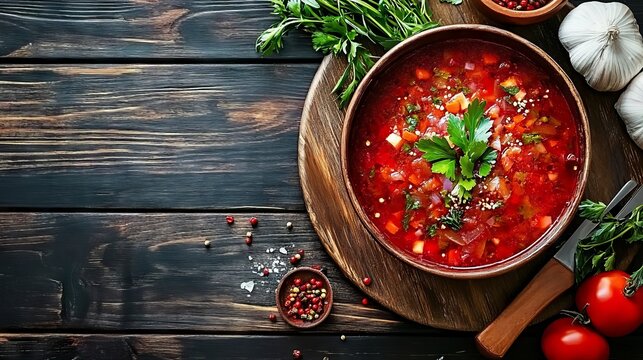 Traditional Ukrainian Russian vegetable borscht on the old wooden background 