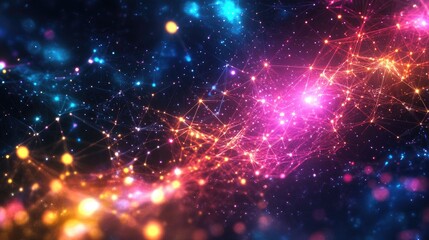 Fototapeta premium A vibrant display of intricate digital connections with glowing nodes, set against a cosmic star-filled backdrop for a beautiful effect