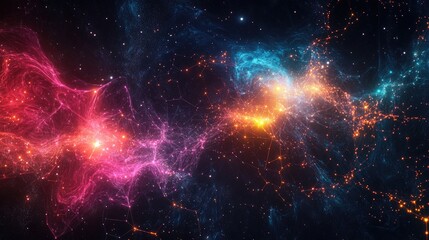 Obraz premium Beautiful and colorful digital network of glowing nodes and intricate connections, set against a starry cosmic background